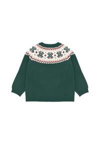 Suéter verde de punto con un cuello redondo y mangas largas, adornado con un yugo con patrón en blanco, rojo y verde. Puños y dobladillo acanalados.