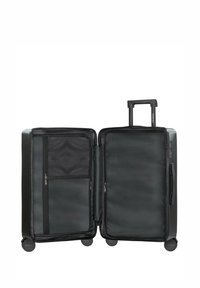 Schwarzer Hartschalenkoffer mit ausziehbarem Griff, zwei Fächern, Netzfach, Reißverschlussverschlüssen und vier Rollen für einfache Mobilität.