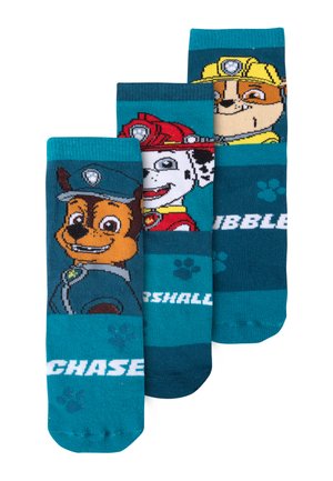 Pack of three socks featuring cartoon dog characters in blue and teal colors with knit patterns depicting Chase, Marshall, and Rubble.
