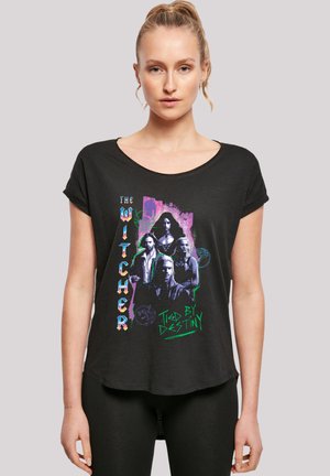 Black short-sleeve T-shirt featuring "The Witcher" graphic with colorful text and character illustrations. Soft fabric, relaxed fit, curved hem.