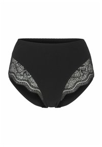 Svarta högmidjade trosor i slät tyg, med blomster spetsdetaljer på sidorna och en vågig kant.