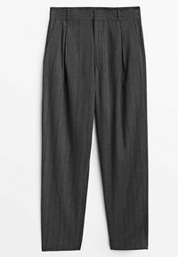 Pantaloni grigi su misura con righe verticali, dotati di vita plissettata, design a gamba dritta e superficie in tessuto liscia.