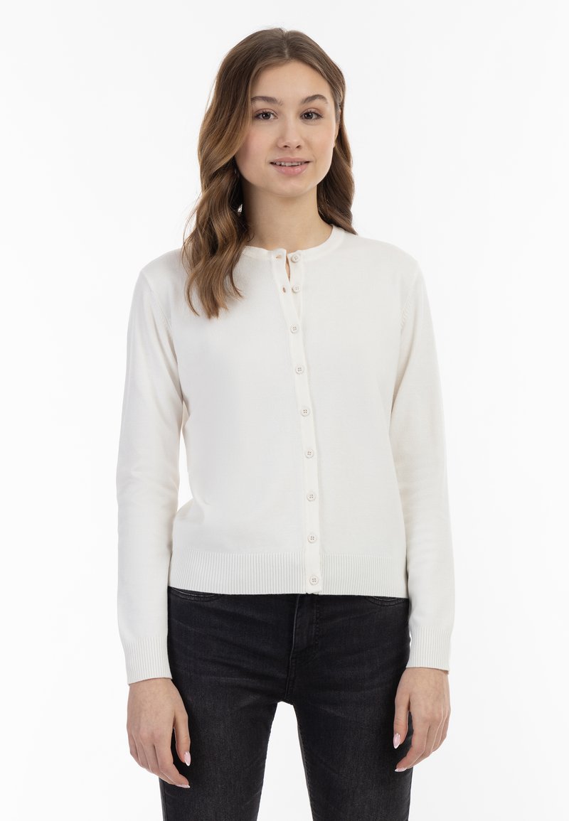 Weißer, langärmeliger Cardigan mit geripptem Saum und Bündchen, mit einer Knopfleiste vorne und weicher, glatter Textur.