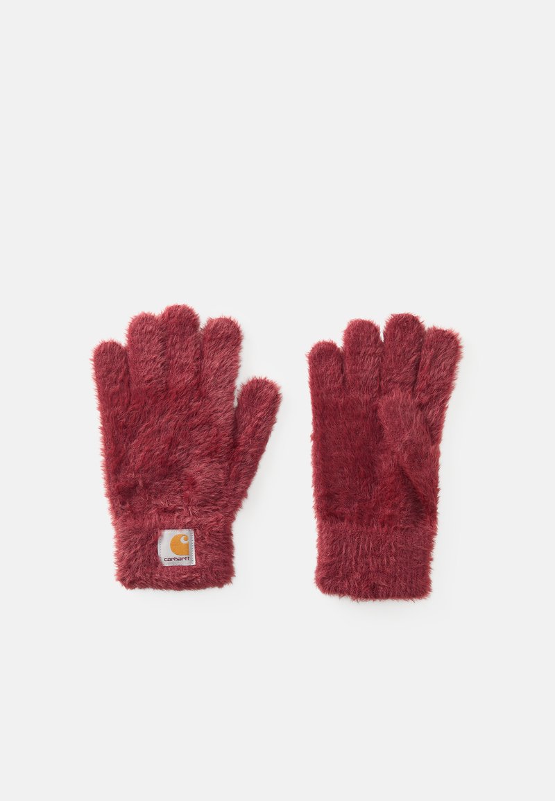 Guanti rossi pelosi con una superficie morbida, design per le dita e un'etichetta con il logo Carhartt ben visibile nell'area del polso.