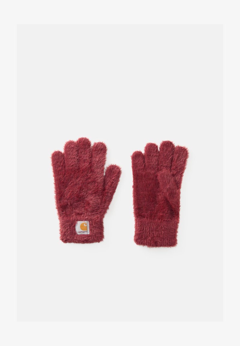 Guanti rossi pelosi con una superficie morbida, design per le dita e un'etichetta con il logo Carhartt ben visibile nell'area del polso.