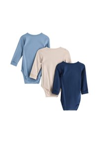 Three long-sleeve bodysuits in blue, beige, and navy. Made of soft cotton, featuring snap closures and ribbed round necklines.