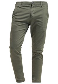 Olivově zelené bavlněné chinos kalhoty s úzkým střihem, s knoflíkovým zapínáním, poutky na opasek a hladkou texturou. Minimalistický design bez vzorů.