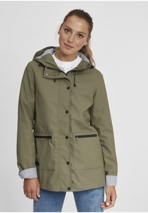 Olive green waterproof jacket with a hood, black hardware, front pockets, and striped lining visible at the cuffs and inside the hood.