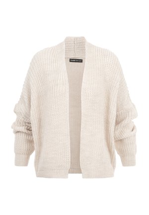 Kremfarvet chunky strikket åben cardigan med lange ærmer og ribstrikkede manchetter, vist mod en hvid baggrund.