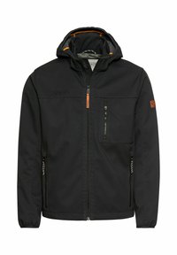Black softshell jacket with a hood, featuring orange accents, zippered pockets, and a textured fabric for enhanced durability.