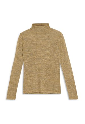 Long-sleeve turtleneck top in yellowish-brown textured fabric, featuring a snug fit and even stitching along the seams.