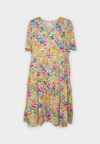 Vestido floral com fundo azul, adornado com flores vibrantes em tons de rosa, laranja e amarelo. Tem mangas curtas e um decote em V.