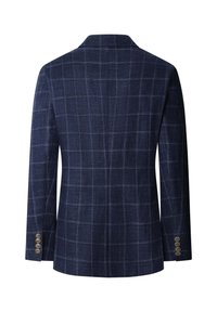 Tmavomodré kárované sako s dlhými rukávmi, štyrmi gombíkmi na každom manžete a jedným rozparkom na zadnej strane.