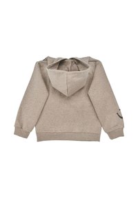 Light brown hoodie made of soft fabric, featuring a large hood and ribbed cuffs. Back view shows a simple design without additional accents.