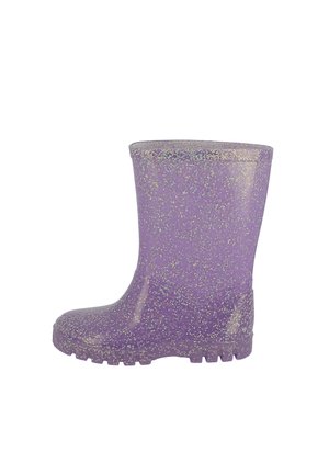 Botte de pluie pour enfants violette avec paillettes argentées, semelle texturée et hauteur mi-mollet, vue de côté gauche sur fond blanc.