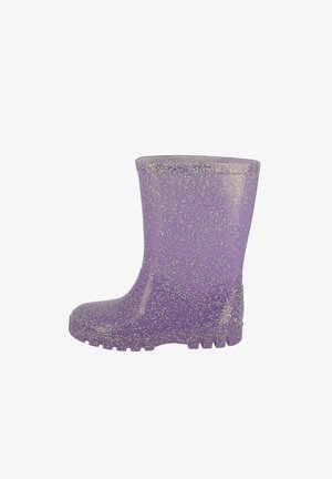 Botte de pluie pour enfants violette avec paillettes argentées, semelle texturée et hauteur mi-mollet, vue de côté gauche sur fond blanc.