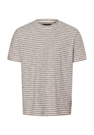 Beżowy t-shirt z krótkim rękawem, cienkie poziome czarne paski i okrągły dekolt.