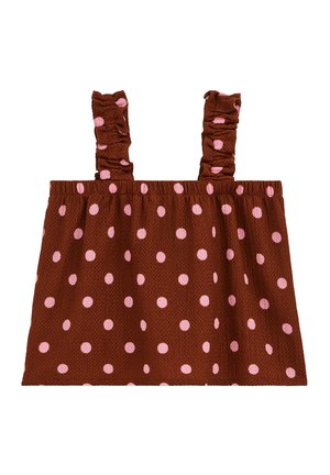 Top corto marrón texturizado con lunares rosas y tirantes fruncidos sobre fondo blanco.
