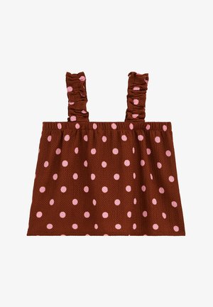 Bruine textuur crop top met roze polkadots en gerimpelde schouderbandjes op een witte achtergrond.