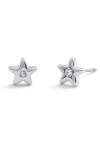 Boucles d'oreilles en forme d'étoile en argent avec une finition polie et un petit strass transparent au centre. Design simple avec une attache à tige.