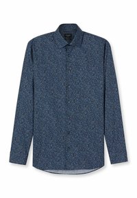 Langärmliges Hemd in Dunkelblau mit kleinem, verstreutem, mehrfarbigem Muster. Vorderseite mit Knopfleiste, Kragen und abgerundetem Saumdesign.
