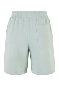 Lichtgroene katoenen shorts met een elastische tailleband, zijzakken en een enkele achterzak, met een gladde textuur en een eenvoudig design.
