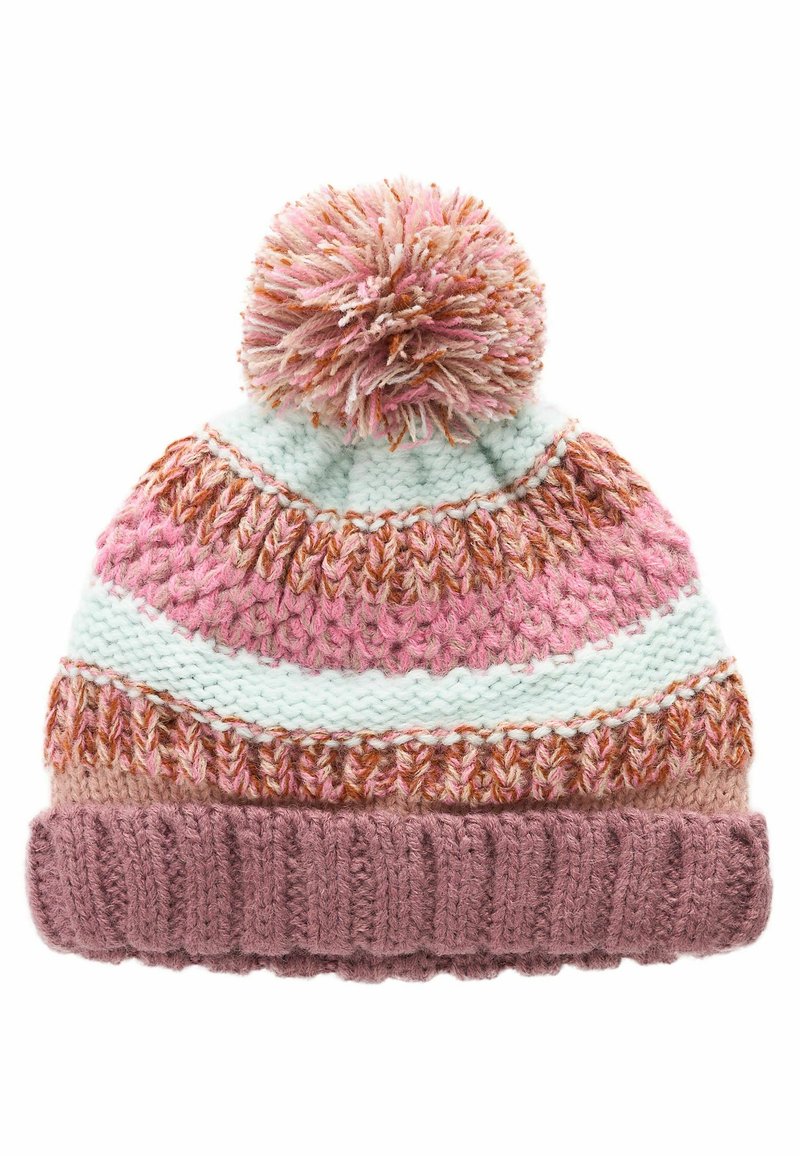 Gebreide muts met een lichtblauwe, roze en bruine gemusterde uitstraling. Voorzien van een pompon bovenop en een dikke geribde roze boord.