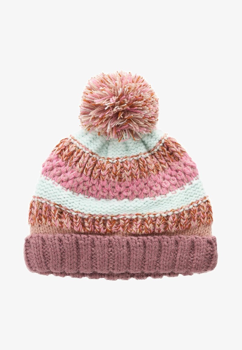 Neulottu pipo, jossa on vaaleansininen, vaaleanpunainen ja ruskea kuvio. Huipussa on tupsu ja paksu vaaleanpunainen ribbikuvio.