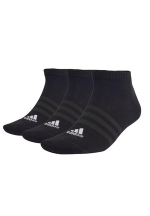 Ensemble de chaussettes de sport noires, avec une bordure côtelée, un design rayé classique et un logo blanc sur le côté, fabriquées en tissu doux et extensible.
