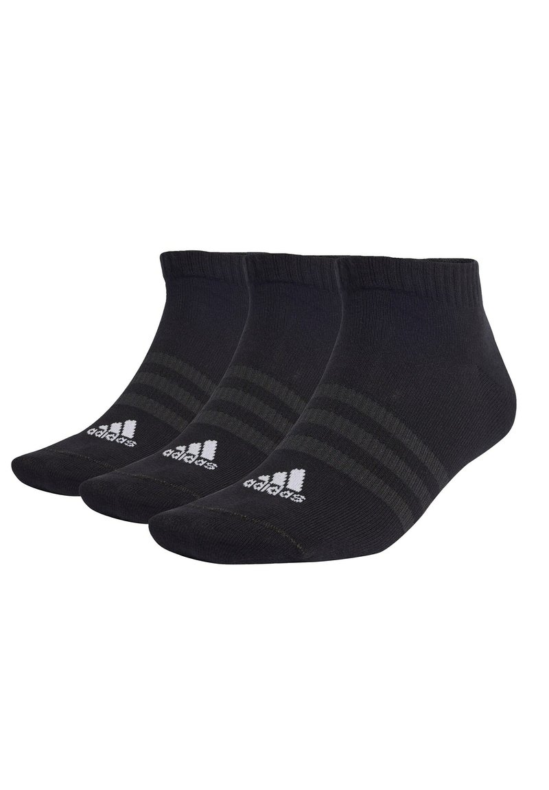Conjunto de calcetines deportivos negros, que presenta un puño acanalado, un diseño clásico a rayas y un logo blanco en el lateral, fabricados con una tela suave y elástica.