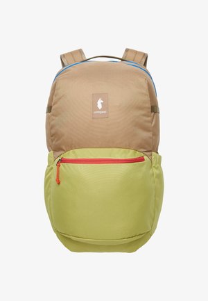 Backpack with a tan upper section and green lower section. Features a red zippered front pocket, blue accents, and a logo.