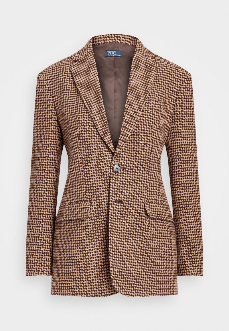 Blazer marron et beige à motif pied-de-poule, col cranté, fermeture par un bouton, deux poches à rabat devant, coupe ajustée.