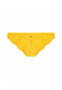 Sous-vêtements jaunes en dentelle avec des motifs floraux, des bords festonnés et une ceinture unie. Fabriqués en tissu doux et délicat.