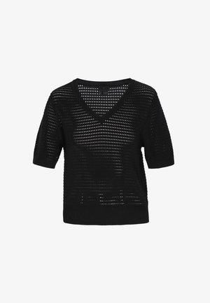 Top negru cu mâneci scurte, tricotat, cu decolteu în V și model ajurat care creează un design respirabil și ușor.