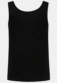 Canotta nera senza maniche realizzata in tessuto liscio; presenta un collo rotondo e un design semplice senza motivi o decorazioni.