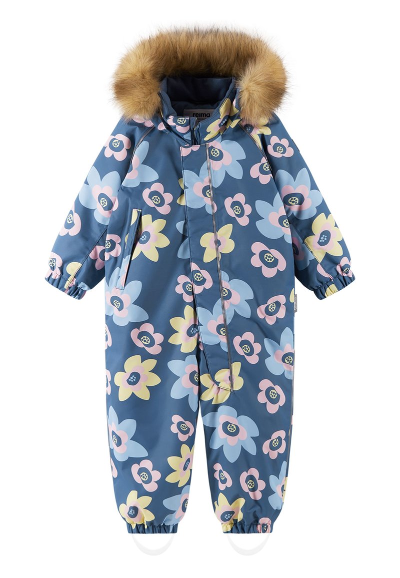 Mono de nieve con estampado floral en azul, con capucha con ribete de piel sintética, cierre con cremallera y puños elásticos. Fabricado con material impermeable.