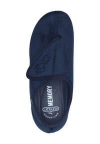 Navy blue slip-on shoe with a soft material, memory foam insole, elastic trim, and floral embroidery detail. Anti-shock technology included.