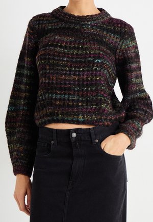 Textured, multicolored cropped sweater with a ribbed design in dark hues and pops of green, red, and blue. Long sleeves and a rounded neckline.
