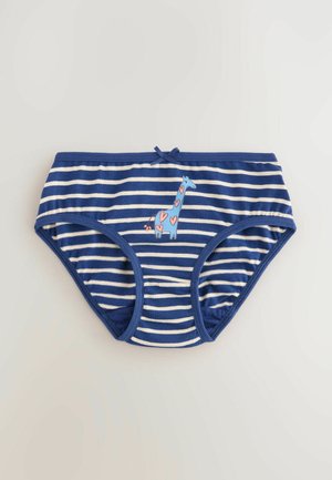 Blaue und weiße gestreifte Unterwäsche mit einem Giraffenmotiv und pinken Herzen. Der Stoff ist weich und dehnbar mit einem elastischen Bund.