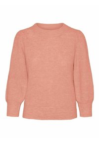 Lichtroze trui met een ronde hals en lange, opbollende mouwen. Gemaakt van zachte stof met een gestructureerd, gebreid ontwerp.