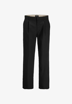 Zwarte op maat gemaakte broek met een platte voorkant, twee zijzakken, een gladde textuur en een rechte pijp. Voorzien van riemlussen voor extra stijl.