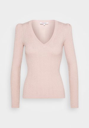 Long-sleeve fitted top in soft pink ribbed knit with a deep V-neckline and subtle puff shoulders. Textured fabric with a slight sheen.