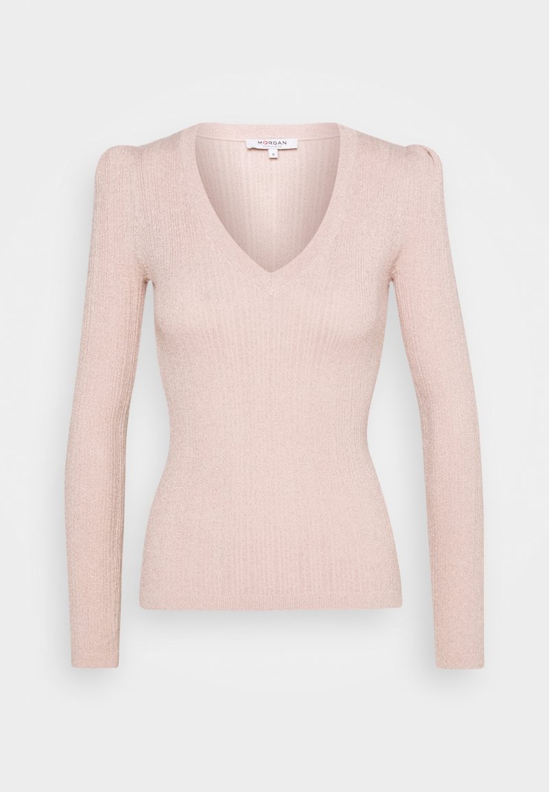 Long-sleeve fitted top in soft pink ribbed knit with a deep V-neckline and subtle puff shoulders. Textured fabric with a slight sheen.