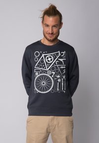 Maritieme sweatshirt met een witte grafiek van fietsonderdelen, waaronder een wiel, tandwielen en gereedschap, met een ronde hals en ribgebreide manchetten.