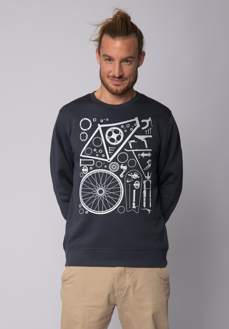 Maritieme sweatshirt met een witte grafiek van fietsonderdelen, waaronder een wiel, tandwielen en gereedschap, met een ronde hals en ribgebreide manchetten.