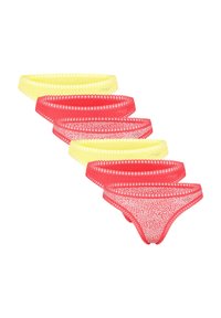 Ensemble de cinq strings en jaune et rouge. Doté d'une finition en dentelle avec un motif floral. Matière douce avec une coupe taille basse et une bande élastique étroite.