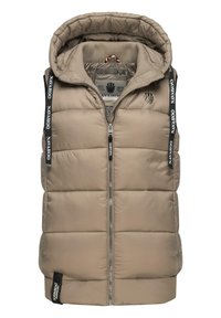 Beige gefütterte Weste mit Kapuze, Reißverschluss und schwarzen Marken-Schnürsenkeln. Hat horizontale Steppung und ein Logo auf der Brust.