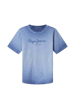 Maglietta a gradienti blu con maniche corte, collo rotondo e logo "Pepe Jeans London" stampato in blu scuro sul petto.