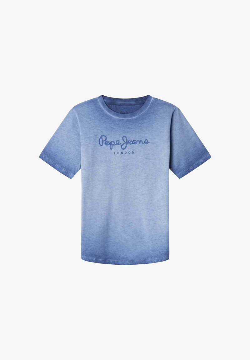 Blaues T-Shirt mit Farbverlauf, kurzen Ärmeln, rundem Ausschnitt und dem Schriftzug "Pepe Jeans London" in dunklerem Blau auf der Brust gedruckt.