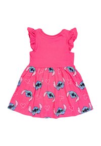 Rosa klänning med volangärmar, med en mönstrad kjol som har blå Stitch-karaktärer och vita hjärtlinjer. Gjord av mjukt tyg.